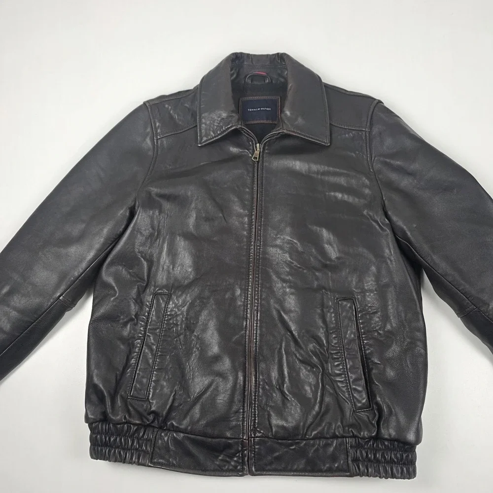 Tommy Hilfiger Jacket Mens Medium Brown Leather Bomber Plaid Lined Full Zip